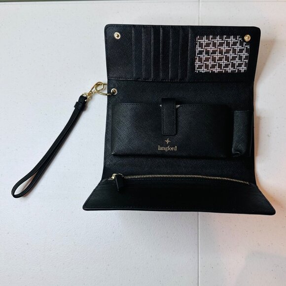 Langford Saint Jasmine Saffiano Black Wristlet Tri-fold Wallet With Gold Accents - Picture 13 of 15